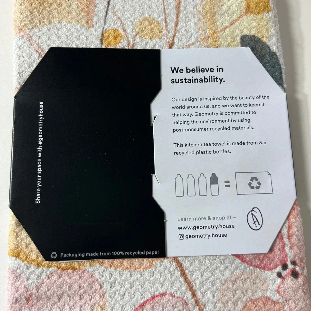 Geometry Kitchen Tea Towels Floral Design Pink Yellow NWT #A
